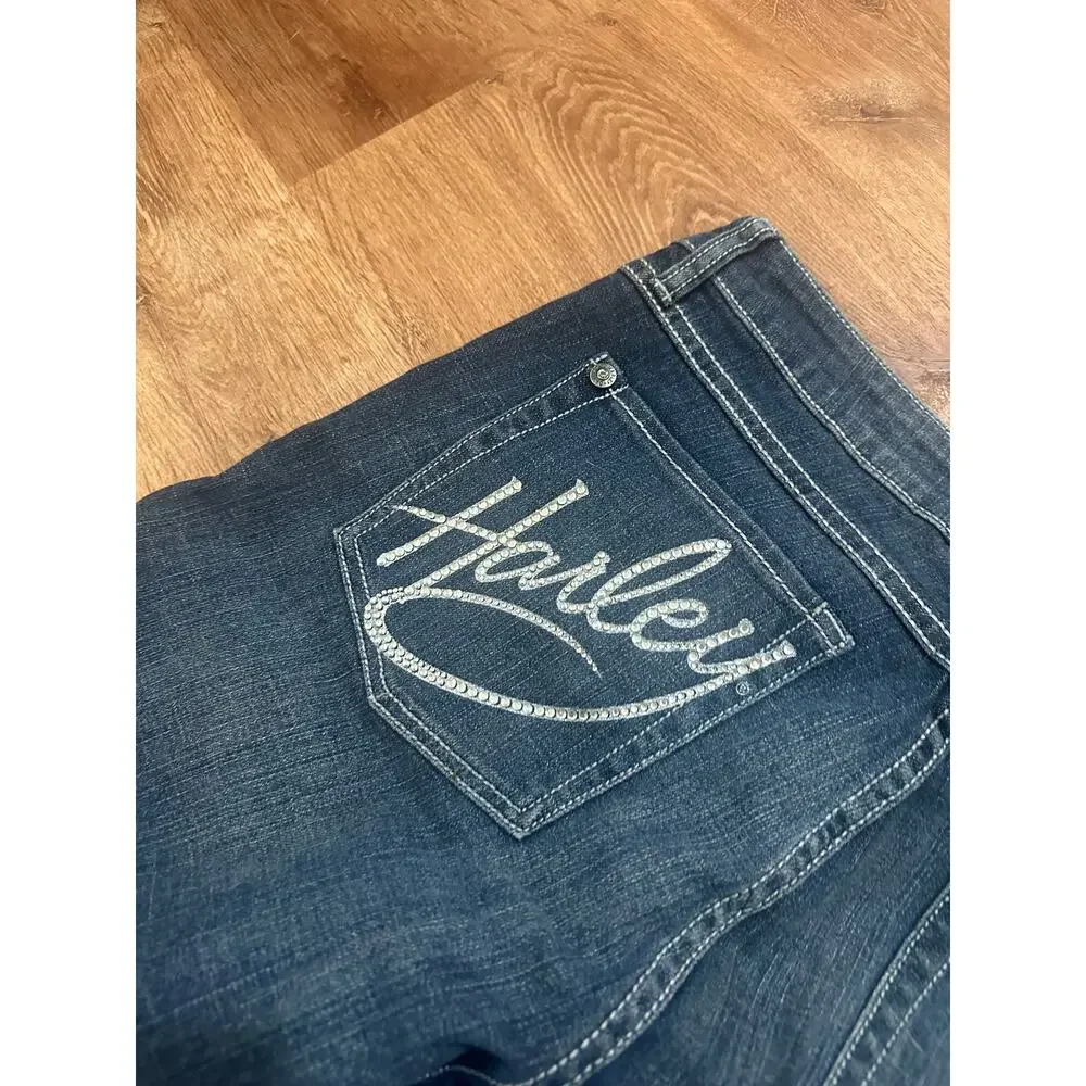 Harley Davidson Bootcut Y2K Bling Jeans Sz 12 Dark Wash 32 Inseam - Excellent - Picture 4 of 10